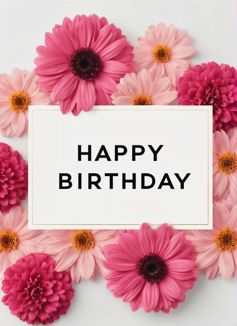 A Birthday card with pink flowers surrounding it and a white square with the words happy Birthday on it in black lettering on a white background, plain background, a pastel, international typographic style
