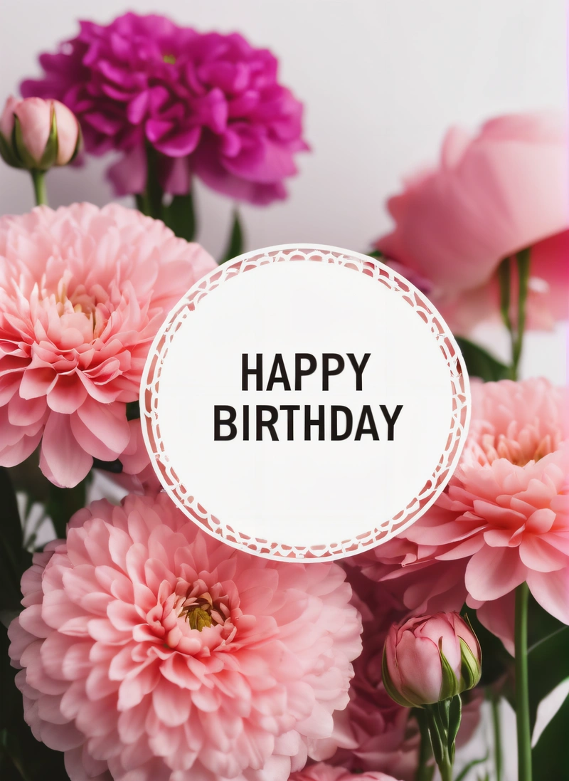 A white circle with a happy Birthday sign surrounded by pink flowers and purple flowers in the background with a white circle with a white border, plain background, a pastel, barbizon school