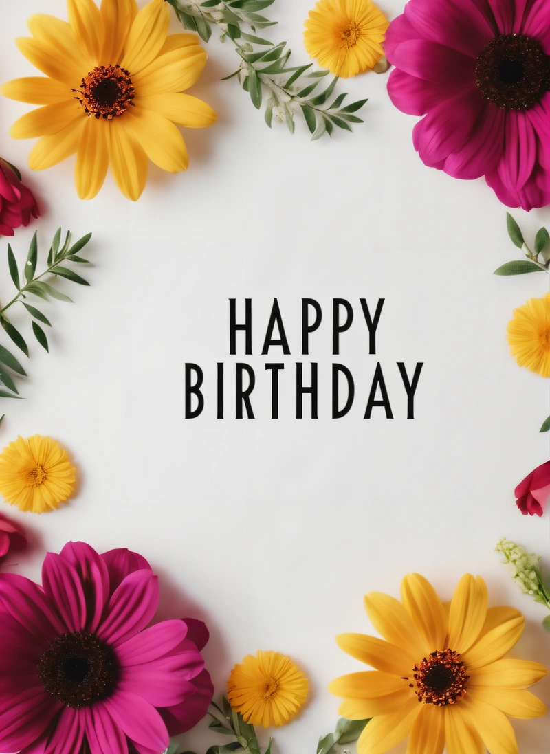 A white background with flowers and a happy Birthday message in the center of the frame with the words happy Birthday written in black on the bottom, plain background, a pastel, international typographic style