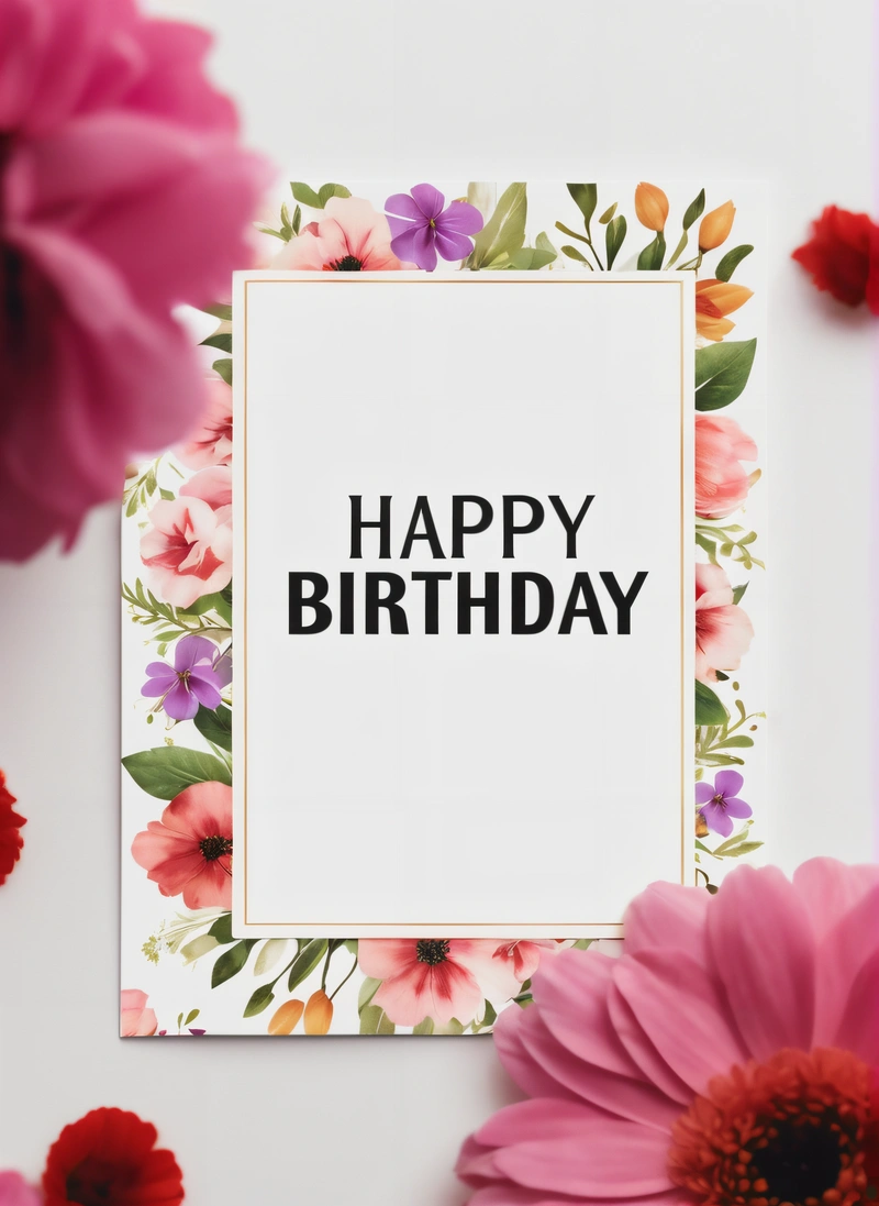 A card with a floral border and a happy Birthday message on it with pink flowers around it and a pink flower on the side of the card, plain background, a pastel, international typographic style