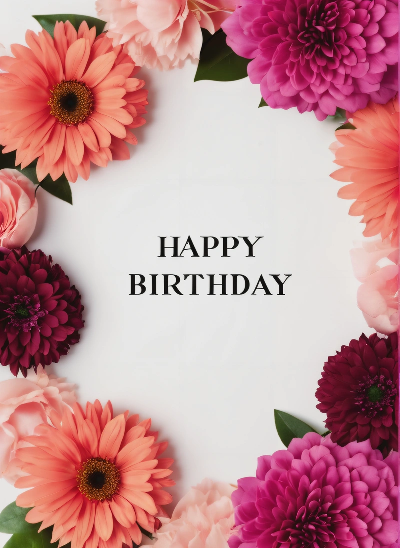 A Birthday card with pink and purple flowers and a white background with the words happy Birthday written in black on the bottom of the card, plain background, a pastel, barbizon school
