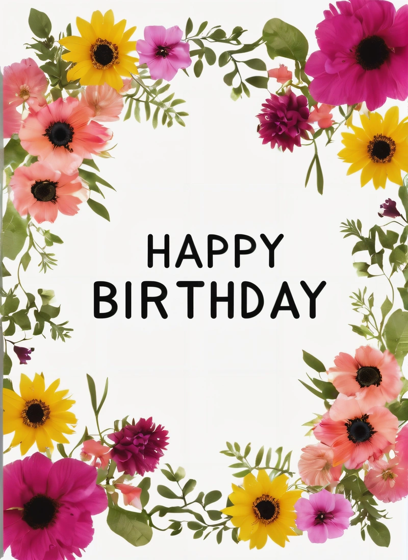 A Birthday card with a floral frame and the words happy Birthday written in black on a white background with a border of flowers and leaves, plain background, a pastel, international typographic style