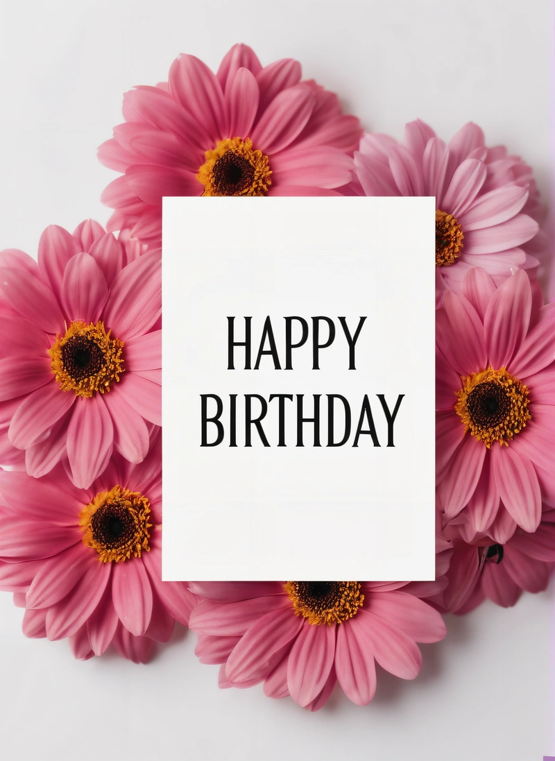 A card with the words happy Birthday surrounded by pink flowers on a white background with a pink border around it and a pink border around the edges, plain background, a pastel, international typographic style