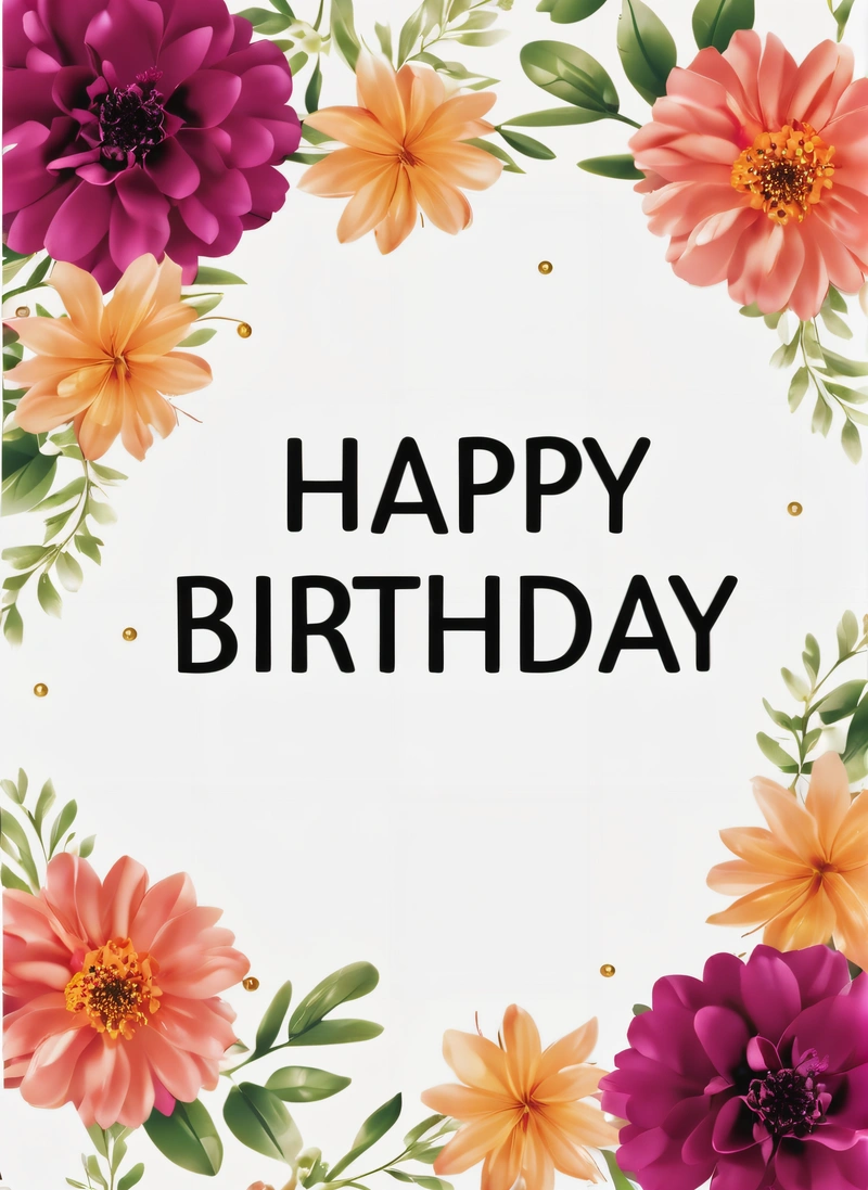 A Birthday card with flowers and a happy Birthday message in the middle of the card is a white background with a black lettering that reads happy Birthday, plain background, a pastel, international typographic style