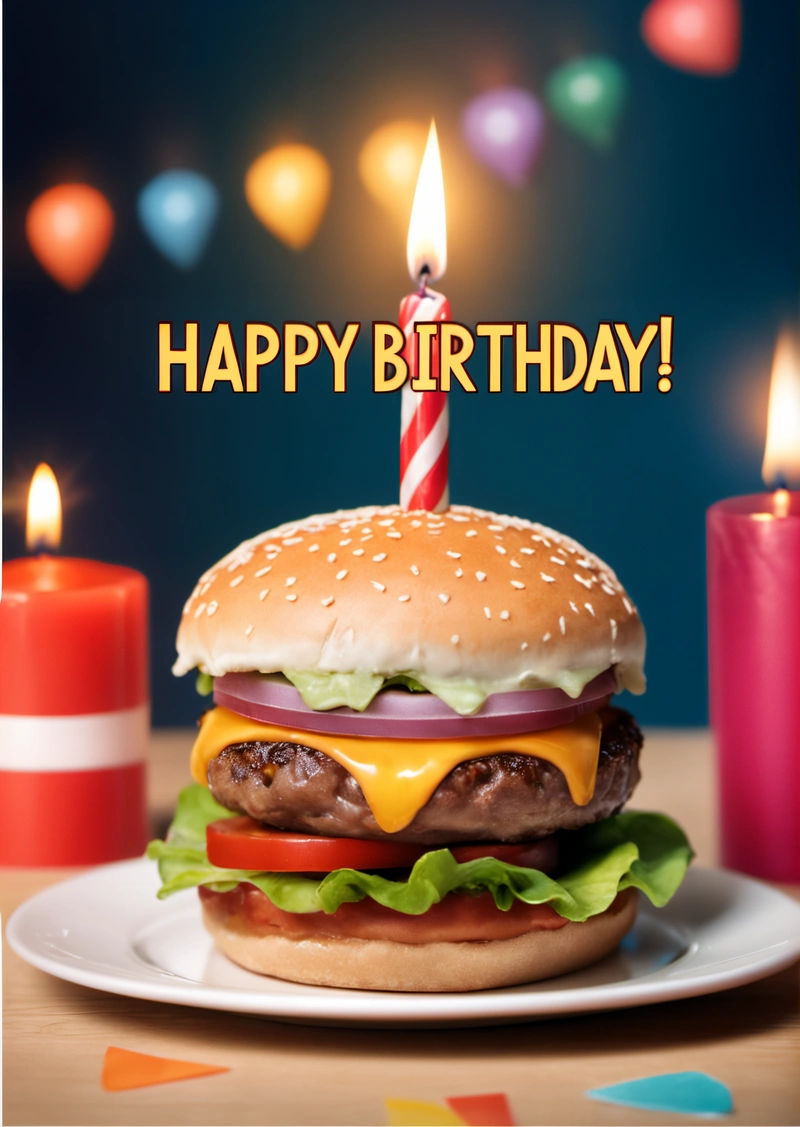 A hamburger with a candle on it with a happy Birthday message in the background with a lit candle on the plate and a candle in the middle, professional food photography, a pastel, altermodern