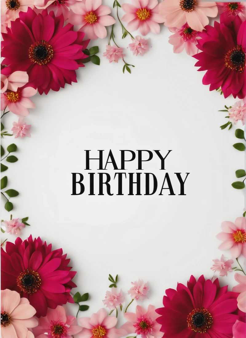 A Birthday card with pink flowers and a black text that reads happy Birthday on it's side and a white background with a black and pink border, plain background, a pastel, international typographic style