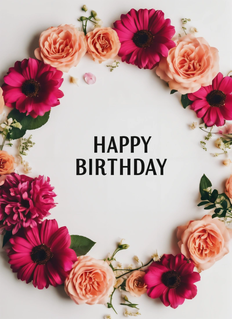 A Birthday card with pink flowers and a white background with the words happy Birthday written in black in the center of the card is a circle of pink and, plain background, a pastel, barbizon school