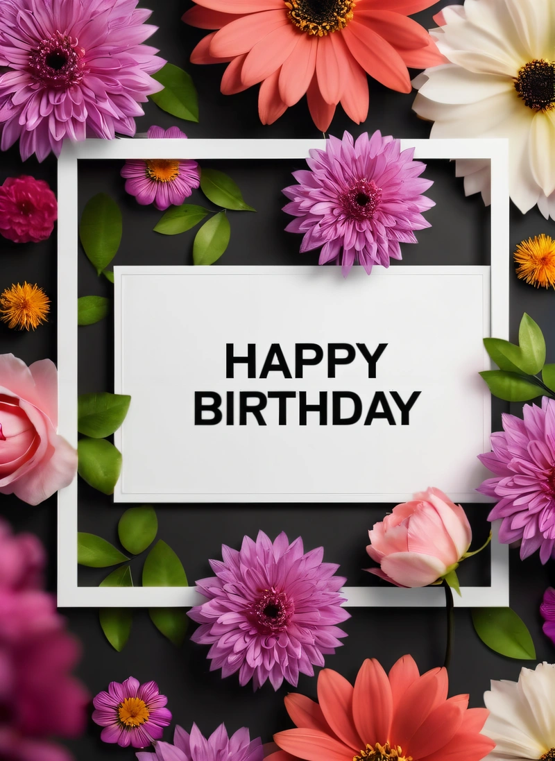 A Birthday card with flowers surrounding it and a white frame with the words happy Birthday on it in black and white lettering on a black background, plain background, a pastel, international typographic style