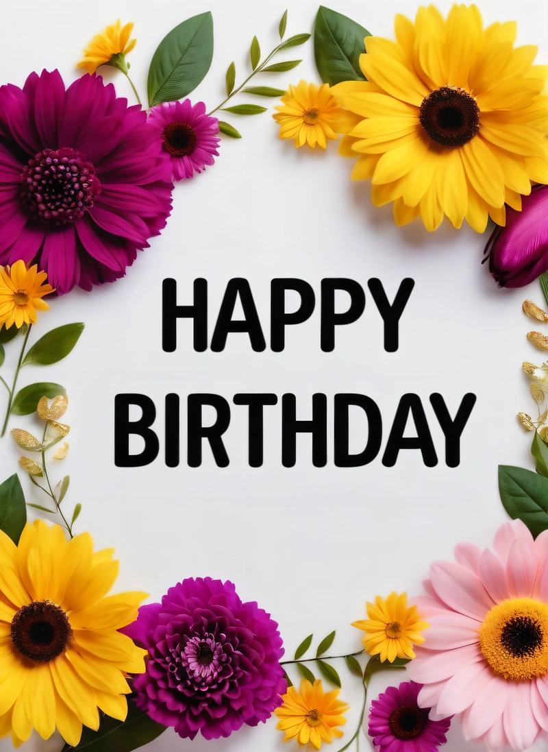 A Birthday card with flowers and leaves around it that says happy Birthday on a white background with a black lettering on the bottom of the card, plain background, a pastel, international typographic style