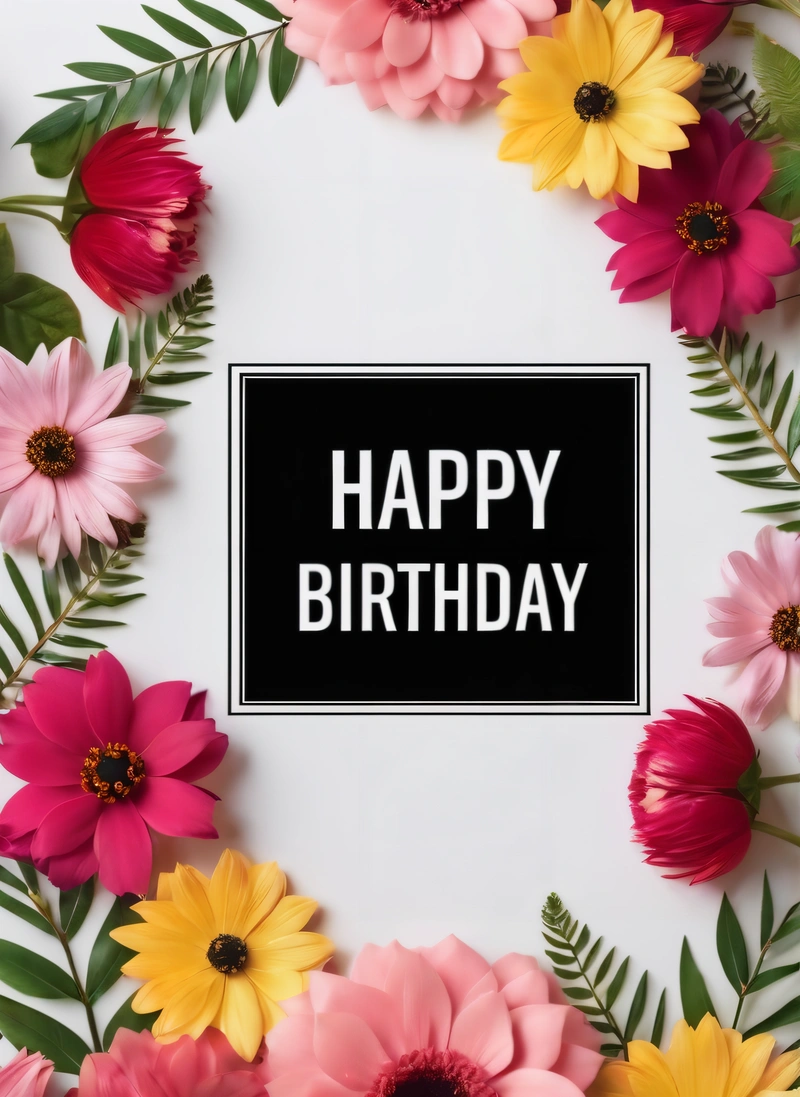 A Birthday card with flowers and leaves around it with the words happy Birthday on it in a black square frame on a white background with a, plain background, a pastel, international typographic style