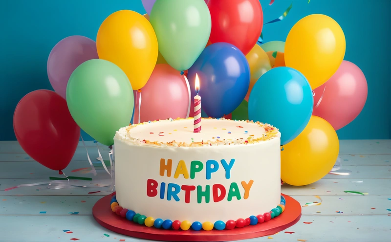 A Birthday cake with a candle surrounded by balloons and streamers of confetti and streamers of streamers on a table with a blue background, happy, a pastel, international typographic style