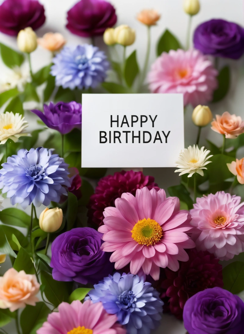 A bunch of flowers with a sign that says happy Birthday on it and a bunch of flowers in the background with a sign that says happy Birthday, plain background, a pastel, international typographic style