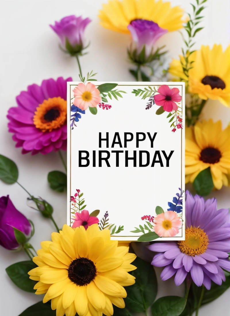 A card with a happy Birthday message surrounded by flowers and leaves on a white surface with a white background with a white border with a black lettering, plain background, a pastel, international typographic style