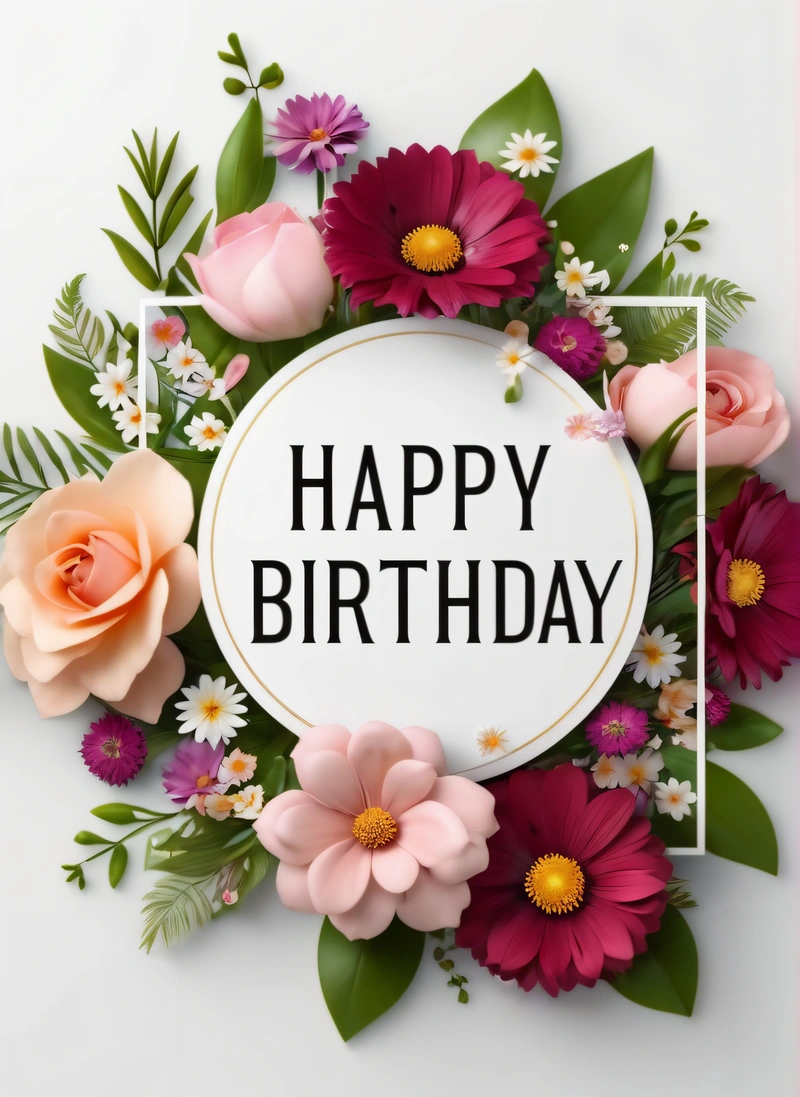 A happy Birthday card with flowers and leaves around it with a white frame on a white background with a pink rose and green leaves around the edge, plain background, a pastel, international typographic style