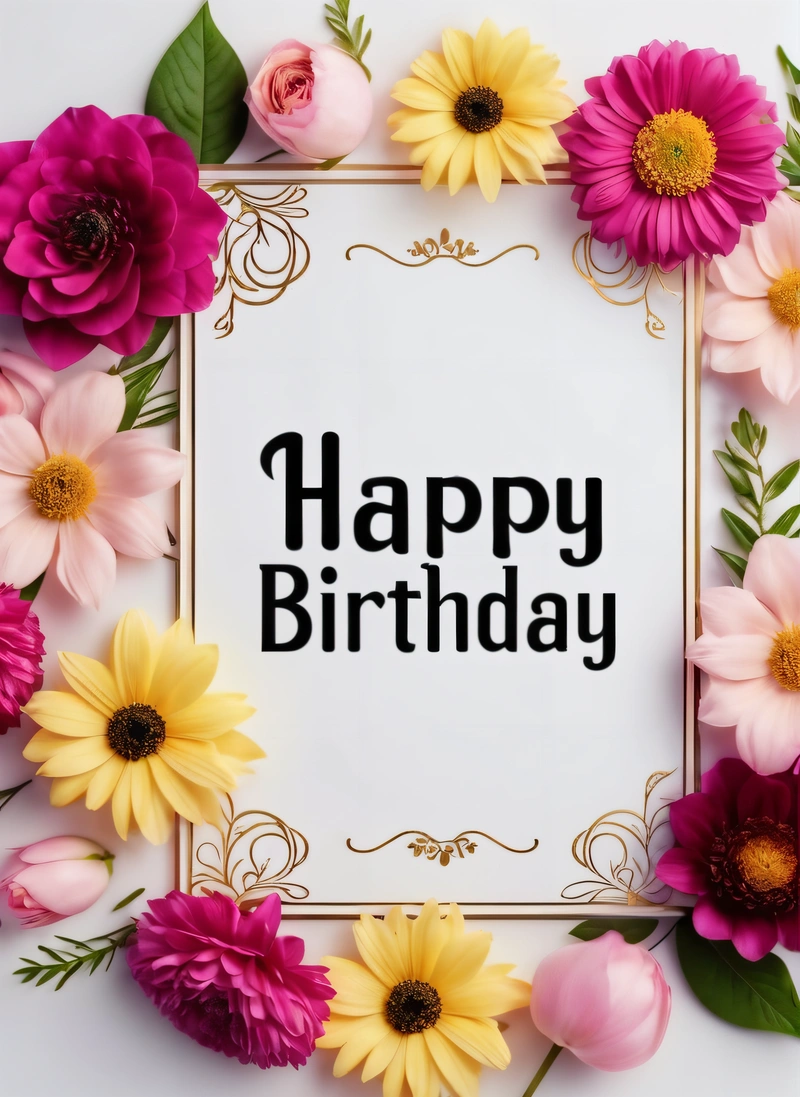 A Birthday card with flowers surrounding it and a gold frame with the words happy Birthday on it in black lettering on a white background with a, plain background, a pastel, international typographic style
