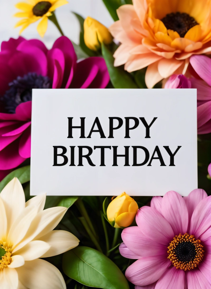 A happy Birthday card surrounded by flowers and greenery with a message on it that reads happy Birthday on a white card surrounded by flowers, plain background, a pastel, international typographic style