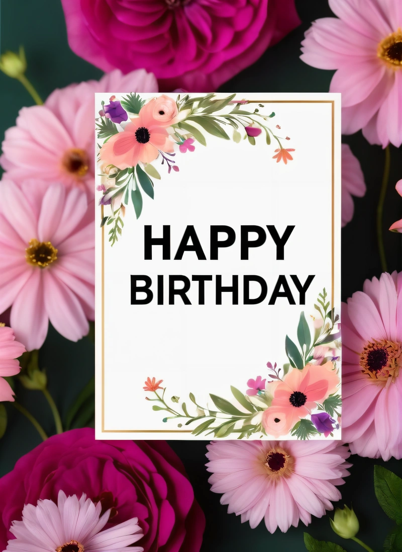 A card with a floral frame and the words happy Birthday on it surrounded by pink flowers and greenery on a green background with a gold border, plain background, a pastel, international typographic style