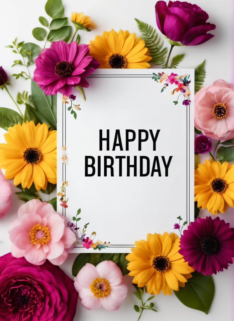 A Birthday card with flowers surrounding it and a white background with a pink border and a white square with the words happy Birthday written in black, plain background, a pastel, international typographic style