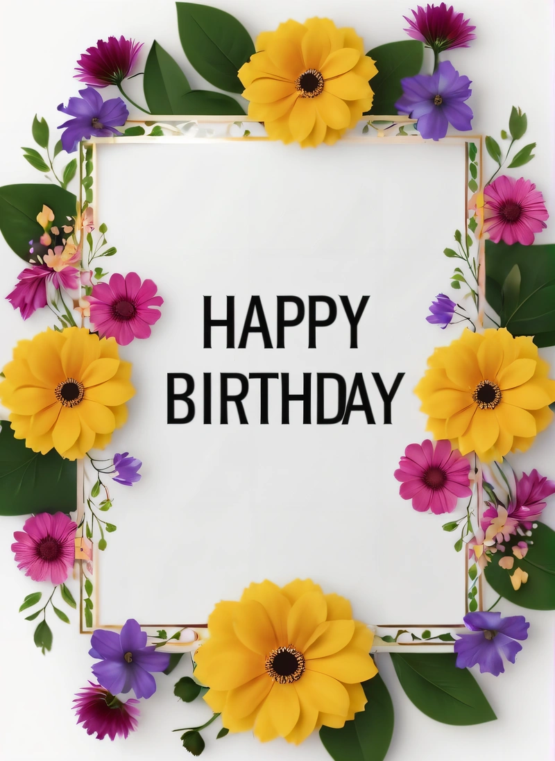 A happy Birthday card with flowers and leaves around it on a white background with a pink border around the card and the words happy Birthday, plain background, a pastel, international typographic style