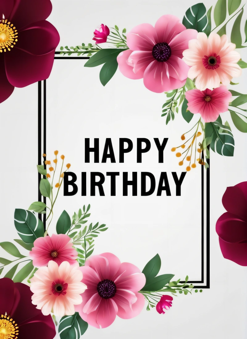 A happy Birthday card with flowers and leaves on it, with a black frame in the middle of the card, and a black and white background with a, plain background, a wireframe diagram, international typographic style