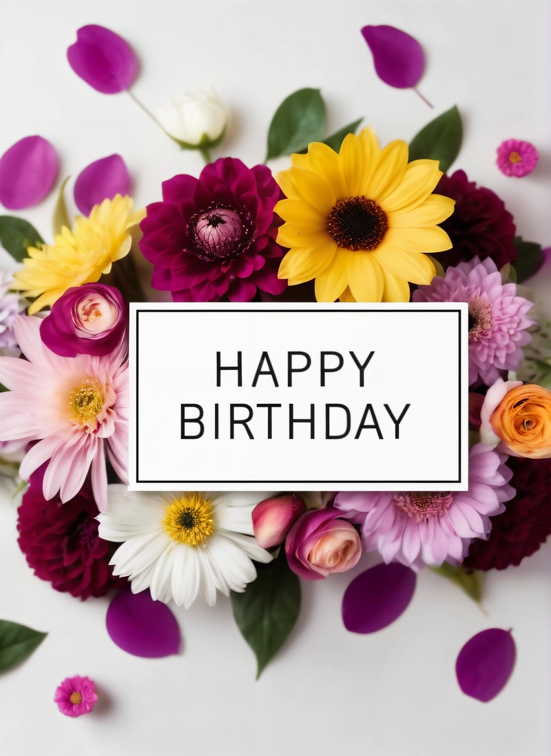 A happy Birthday card with flowers and leaves around it on a white surface with a black and white sign that says happy Birthday on it, plain background, a pastel, international typographic style
