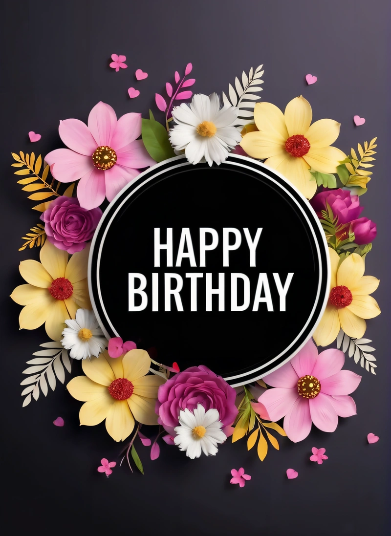 A happy Birthday card with flowers and leaves on a black background with a black circle with the words happy Birthday written in it and a, plain background, a pastel, international typographic style