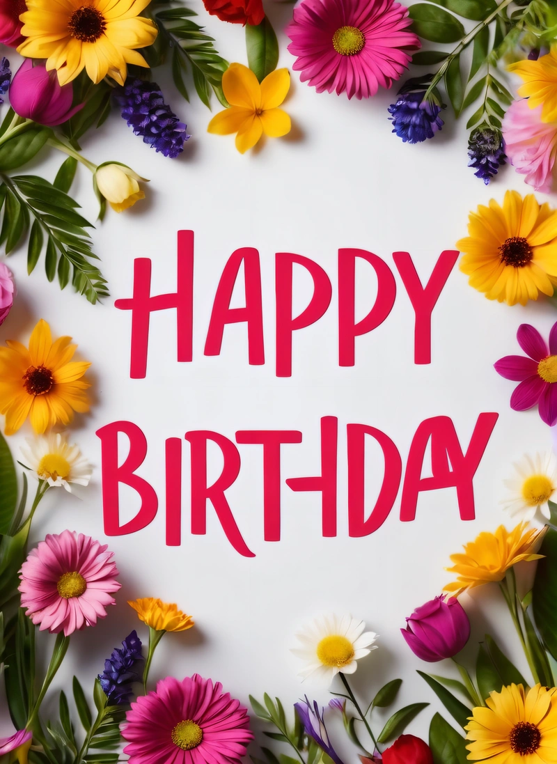 A Birthday card with flowers and a happy Birthday message in the middle of it with a red lettering on the card that says happy Birthday, plain background, a pastel, international typographic style