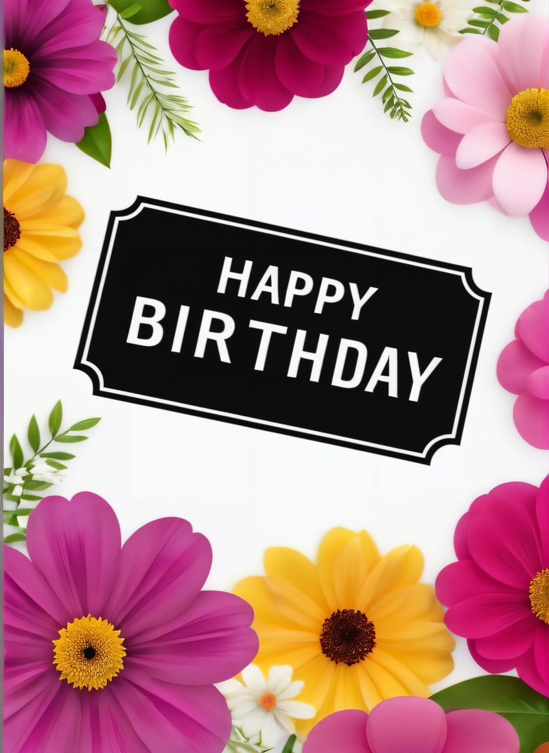 A Birthday card with flowers and a black sign that says happy Birthday on it's side, surrounded by pink, yellow, and purple flowers, plain background, a pastel, international typographic style