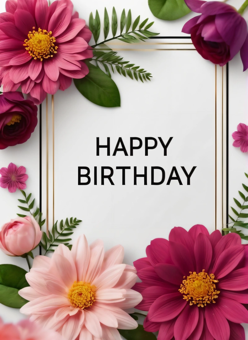 A Birthday card with flowers and leaves around it with the words happy Birthday on it in a square frame surrounded by greenery and pink flowers, plain background, a pastel, international typographic style