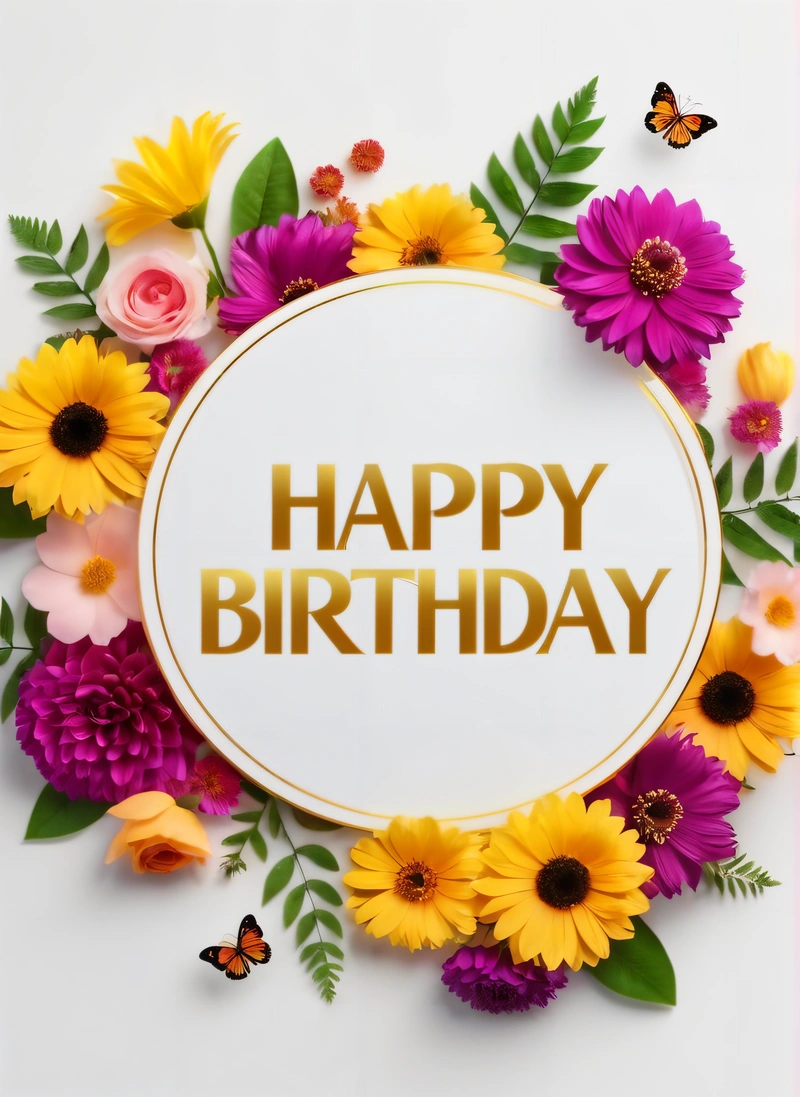 A Birthday card with flowers and butterflies around it with the words happy Birthday written in gold foil on a white background with a gold circle, plain background, a pastel, international typographic style