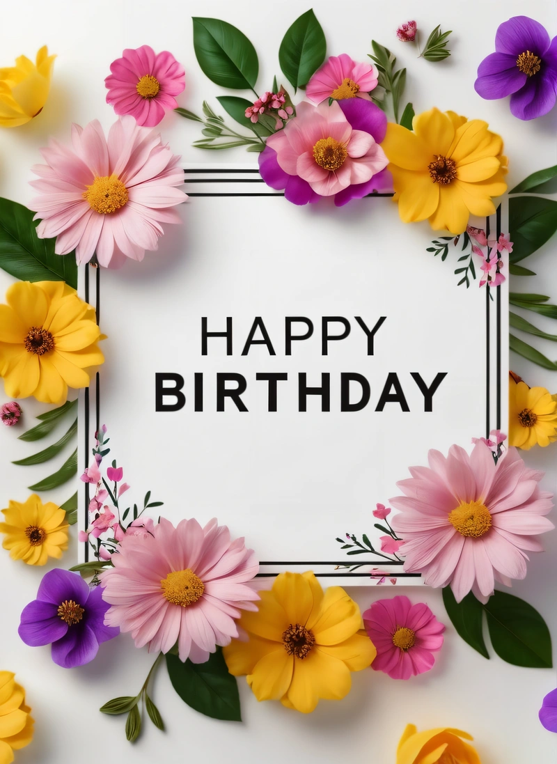 A Birthday card with flowers and leaves around it with the words happy Birthday written in the center of the card and surrounded by flowers and leaves, plain background, a pastel, international typographic style