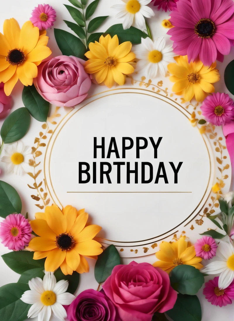 A Birthday card with flowers around it and the words happy Birthday on it in a circle surrounded by flowers and leaves on a white background, plain background, a pastel, international typographic style