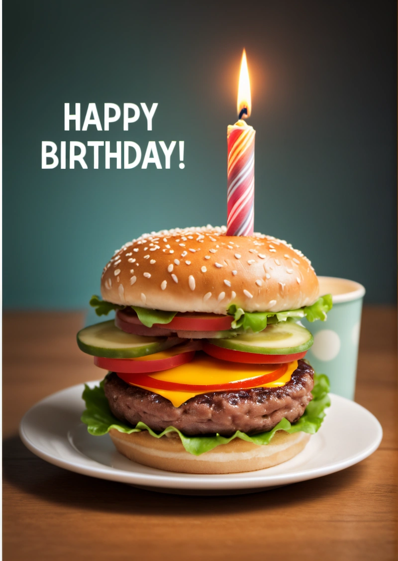 A hamburger with a lit candle on a plate with a cup of coffee in the background and a happy Birthday card written on it in the middle, professional food photography, a pastel, altermodern