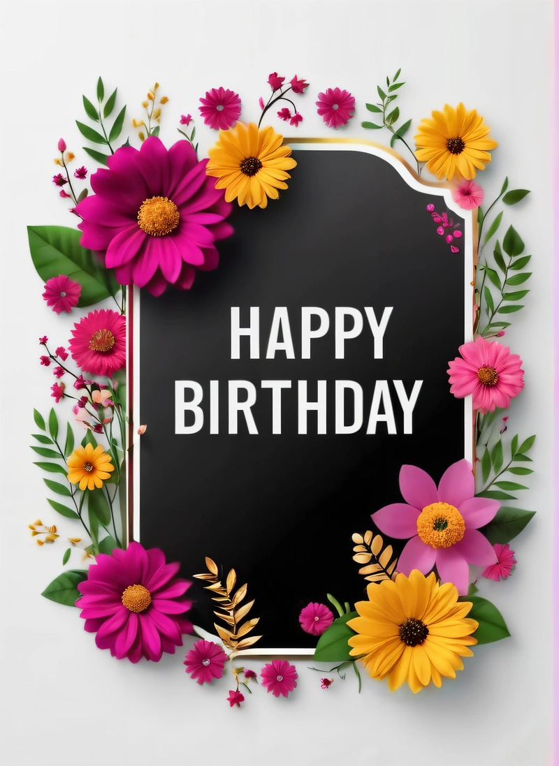 A black sign with flowers around it that says happy Birthday on a white background with pink, yellow and purple flowers around it and a pink border, plain background, a pastel, international typographic style