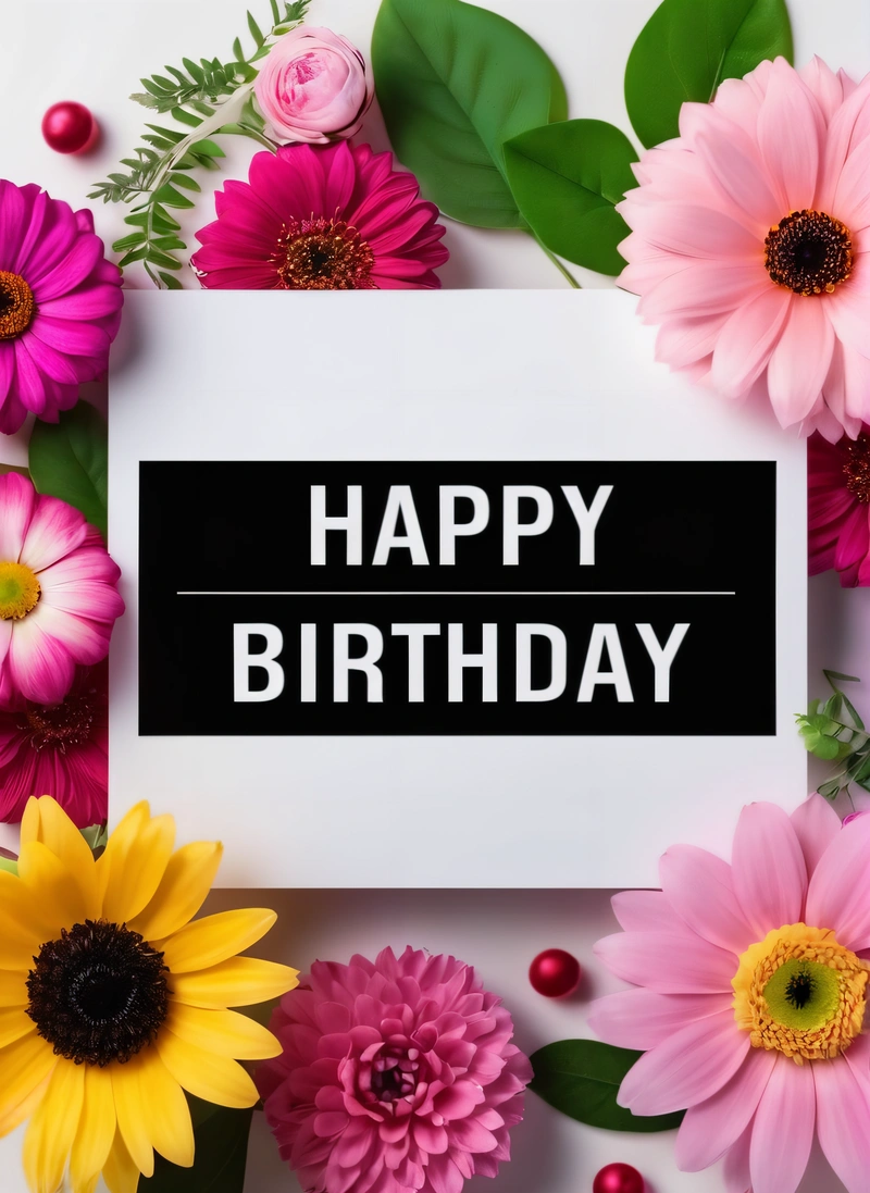 A Birthday card surrounded by flowers and leaves on a white surface with a black and white sign that says happy Birthday on it's corner, plain background, a pastel, international typographic style