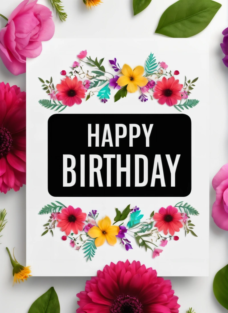 A card with a happy Birthday message surrounded by flowers and leaves on a white background with a black square frame with the words happy Birthday, plain background, a pastel, international typographic style