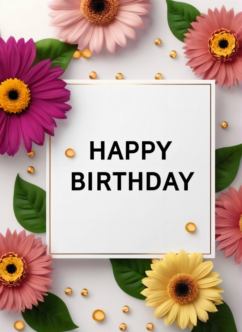 A white sign with a happy Birthday message surrounded by flowers and leaves on a white background with gold dots around it and a few pink and yellow flowers, plain background, a pastel, international typographic style