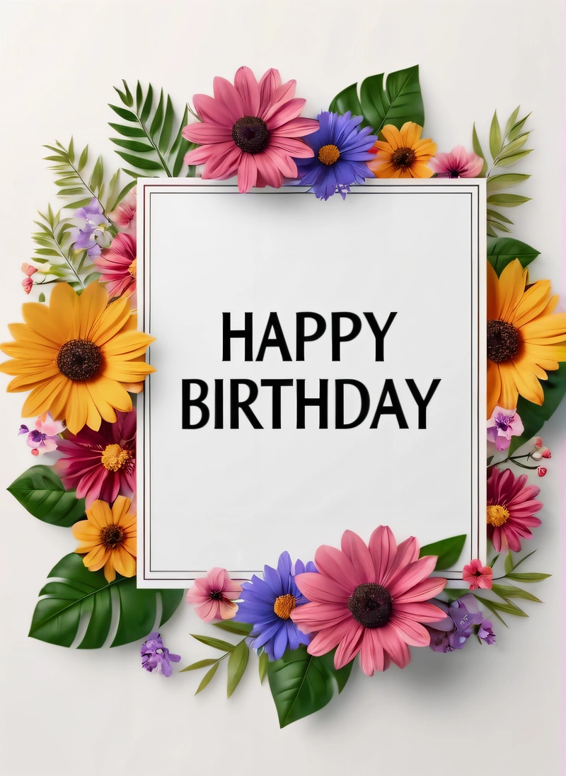 A happy Birthday card with flowers around it and a white frame with the words happy Birthday on it in black lettering on a white background, plain background, a pastel, international typographic style
