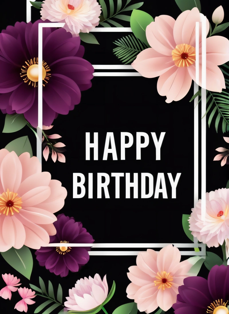 A square frame with flowers and leaves around it that says happy Birthday on a black background with a white frame in the middle of the center, plain background, a pastel, international typographic style