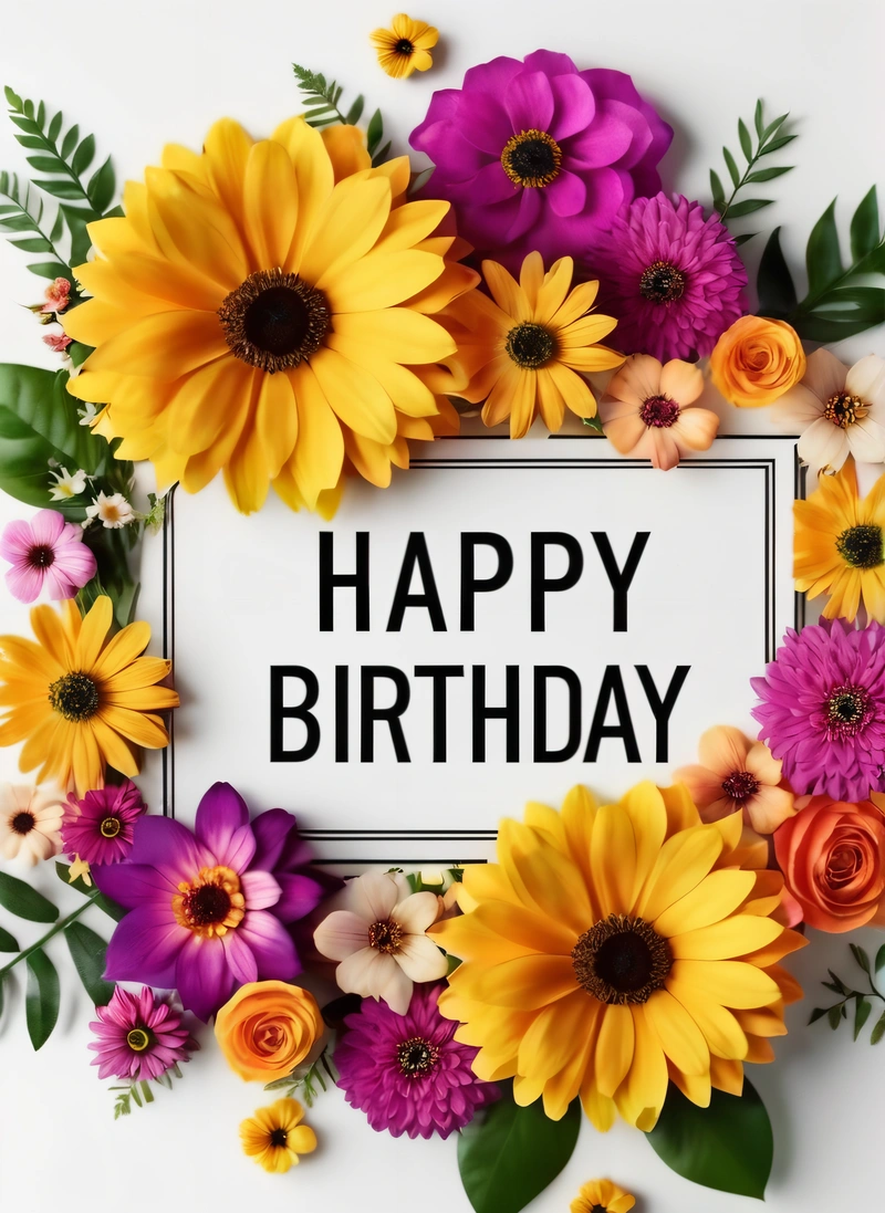 A Birthday card with flowers and leaves around it with the words happy Birthday on it in a square frame surrounded by flowers and leaves on a white background, plain background, a pastel, international typographic style