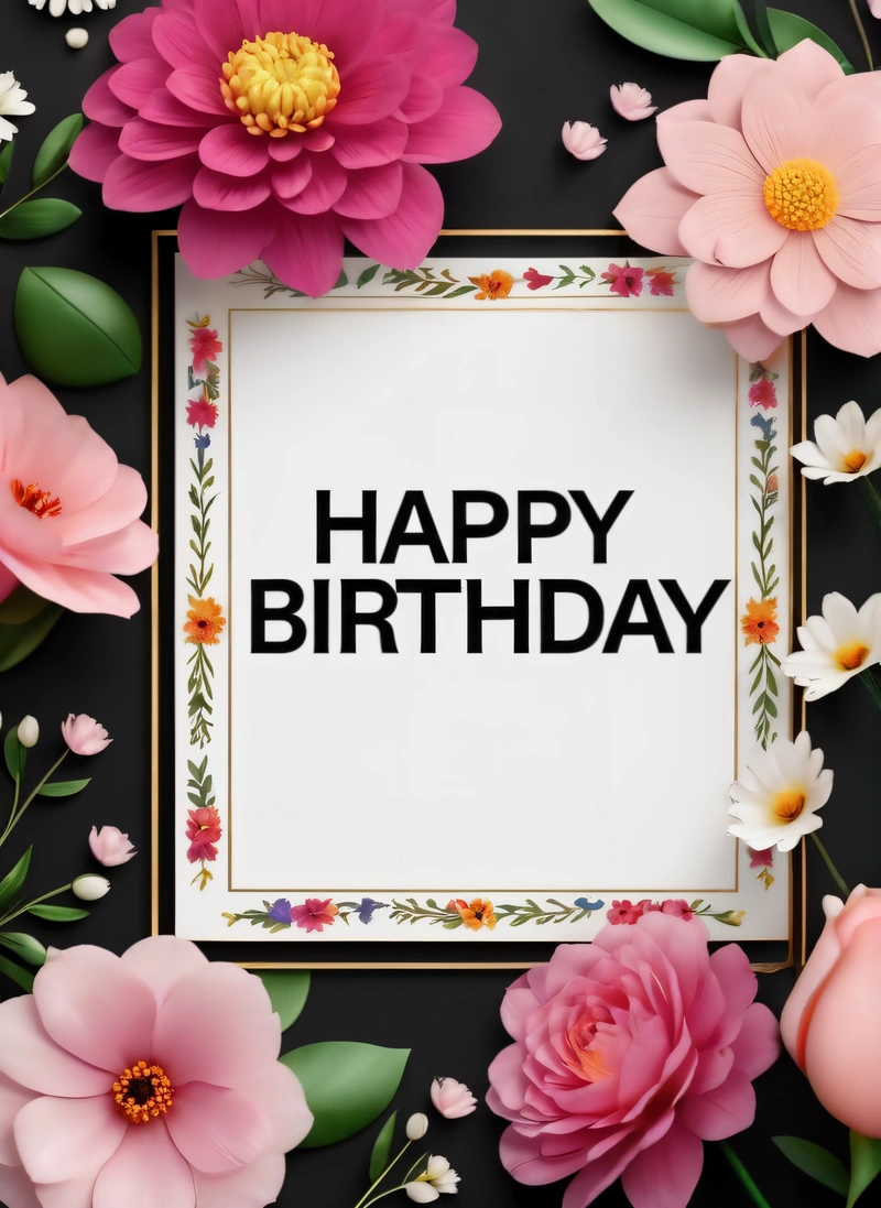A Birthday card with flowers and leaves around it with the words happy Birthday on it in a gold frame surrounded by pink and white flowers, plain background, a pastel, international typographic style