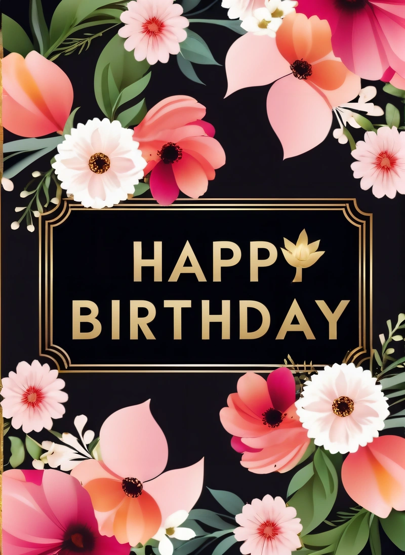 A Birthday card with flowers and a gold frame on a black background with a happy Birthday message in the center of the card is a gold frame, paper texture, a digital rendering, international typographic style