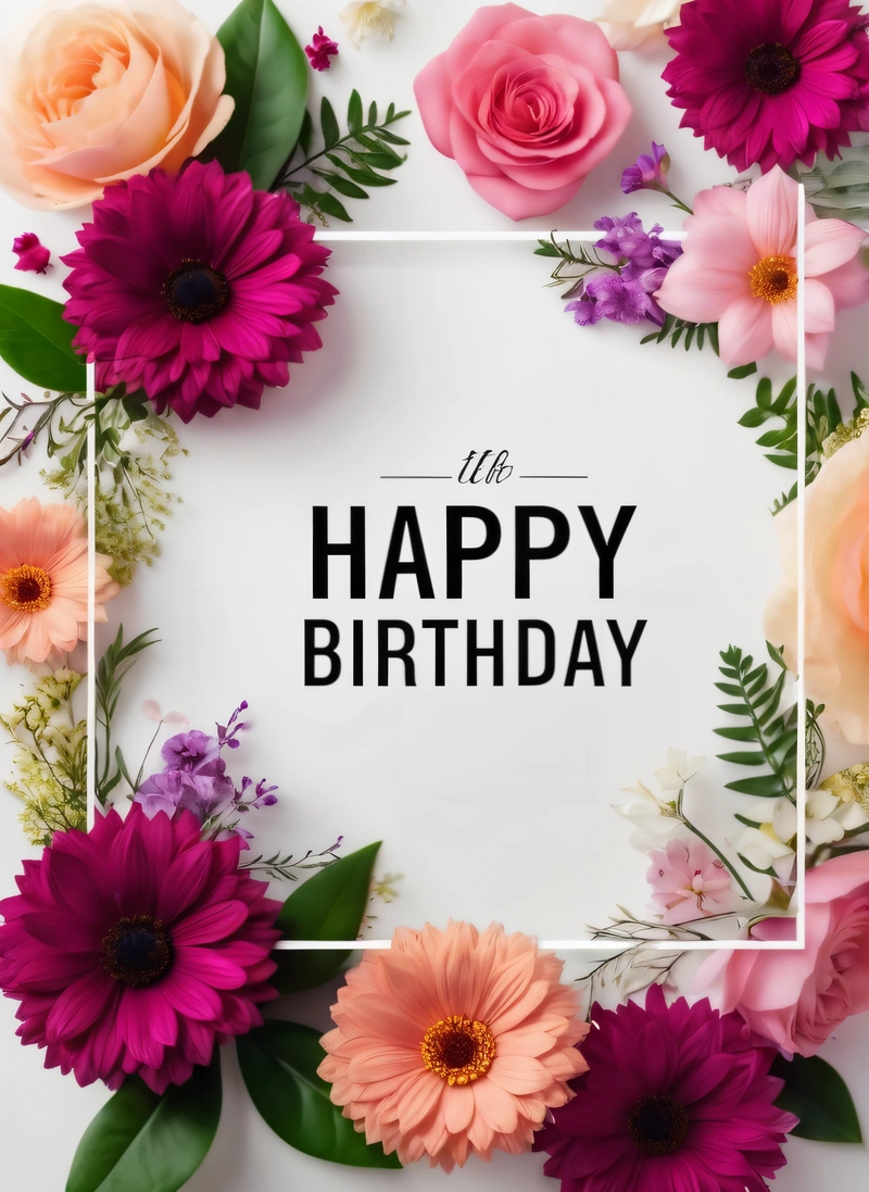 A square frame with flowers and greenery around it that says, it's a happy Birthday on a white background with a white square frame, plain background, a pastel, international typographic style