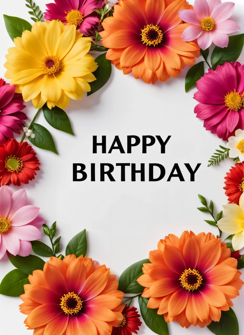 A Birthday card with flowers and a message in the middle of it that says happy Birthday on a white background with a black lettering below, plain background, a pastel, international typographic style