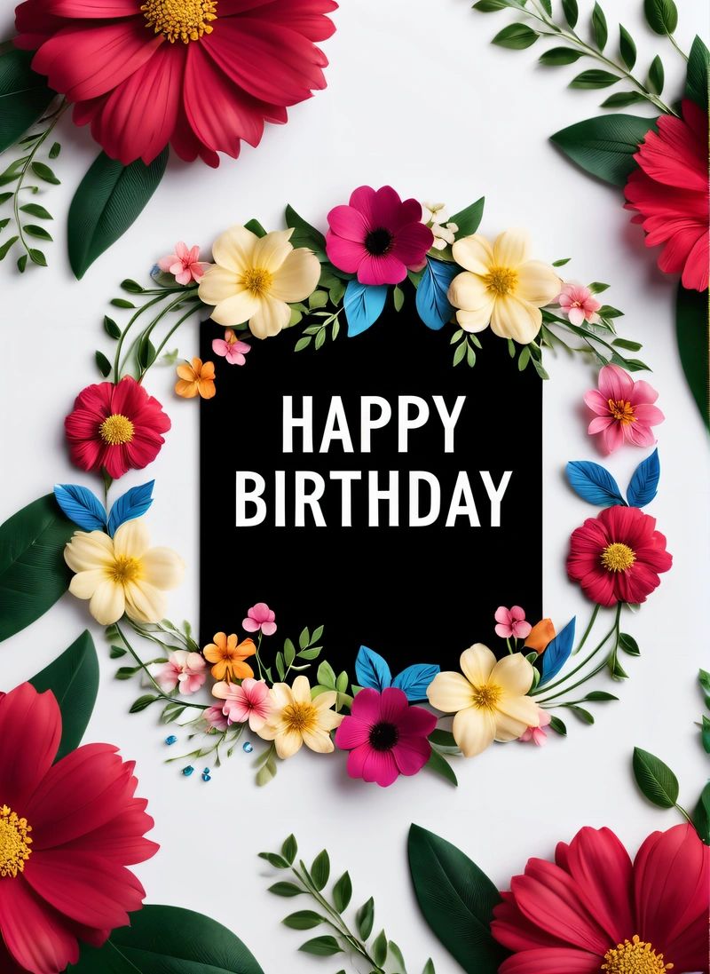 A black square with a happy Birthday sign surrounded by flowers and leaves on a white surface with a black background with a black square with a, plain background, a pastel, international typographic style