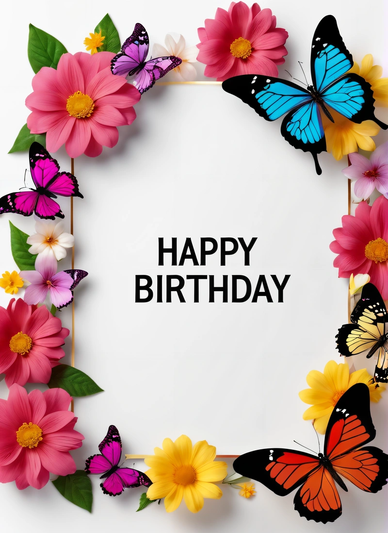 A Birthday card with butterflies and flowers around it with a white background and a black text that says happy Birthday on it with a white background, plain background, a pastel, lyco art