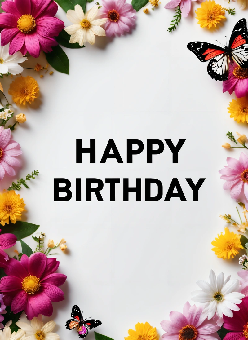 A Birthday card with a butterfly and flowers around it with the words happy Birthday written in black on a white background with a border of pink, yellow, white, pink, and, plain background, a pastel, international typographic style