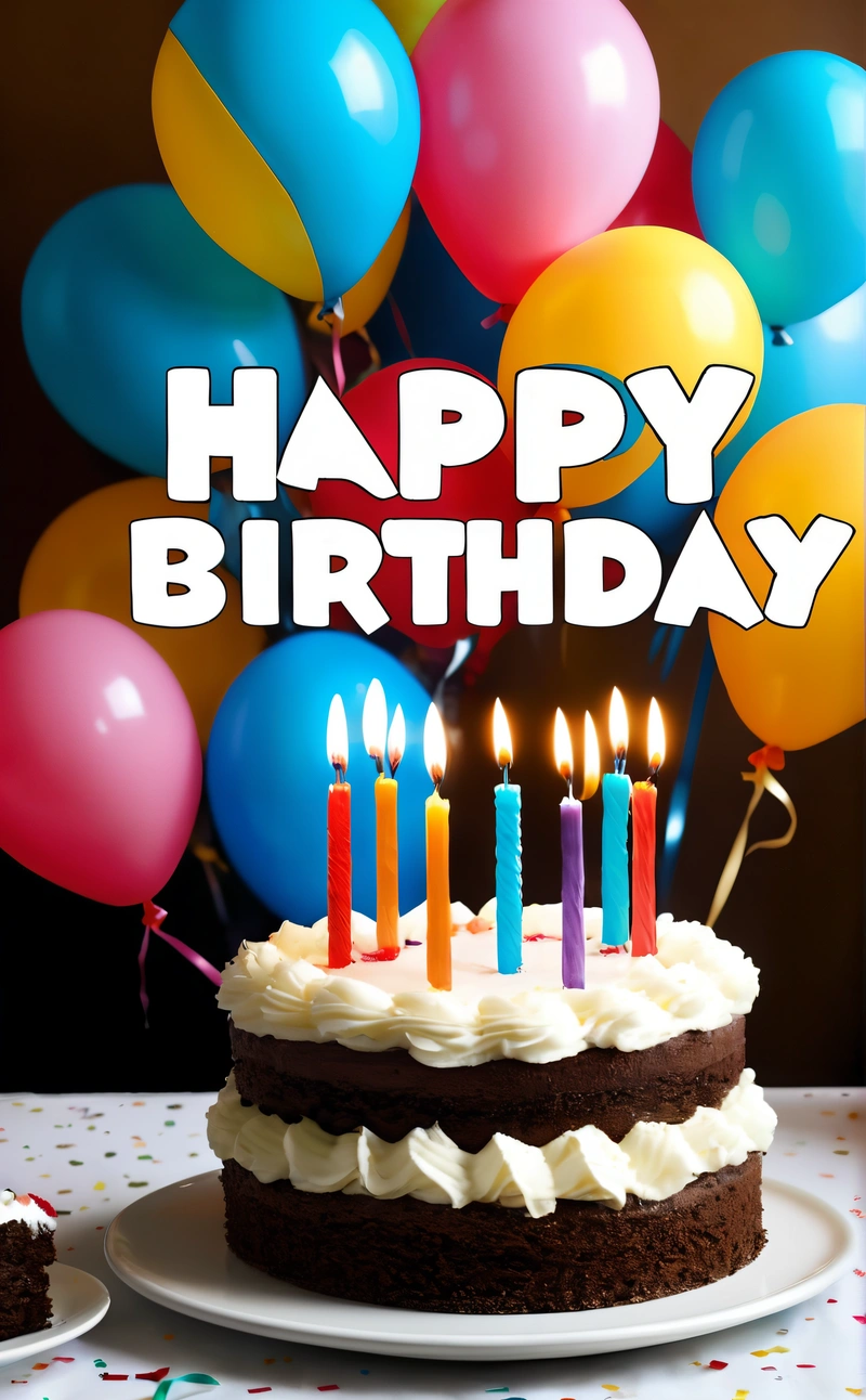 A Birthday cake with candles and balloons in the background with a happy Birthday message on it that reads, happy Birthday, with a chocolate cake with white frosting and, plain background, a pastel, international typographic style