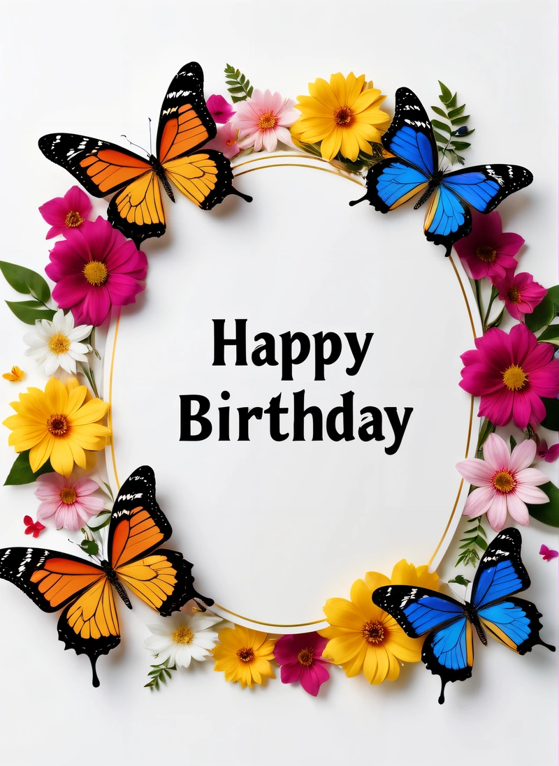 A Birthday card with butterflies and flowers around it with the words happy Birthday written in the center of the card and a pink border of flowers, plain background, a pastel, orphism