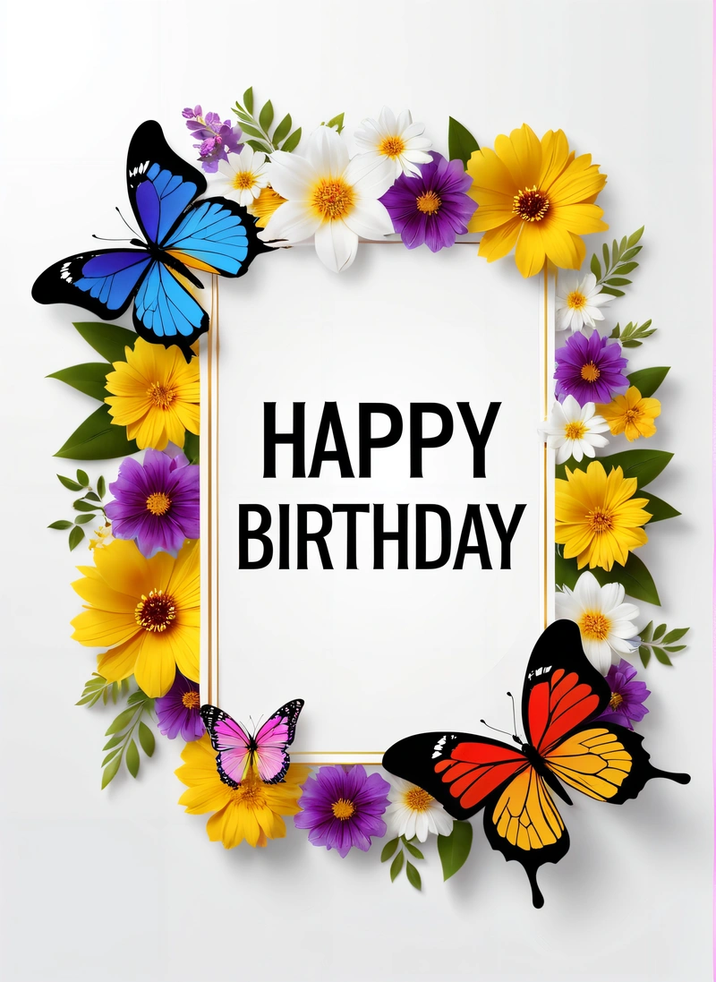 A Birthday card with butterflies and flowers around it with a white background and a pink border with the words happy Birthday written in the center, plain background, a pastel, orphism